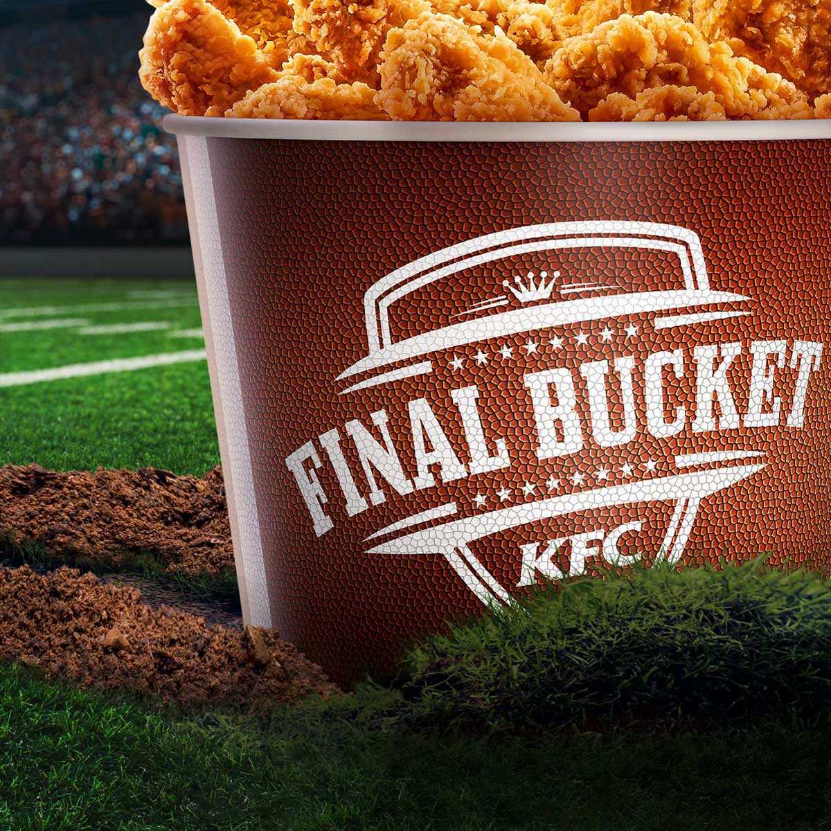 nju-Teaser KFC, der Final-Bucket in Football-Optik mit Chicken-Wings