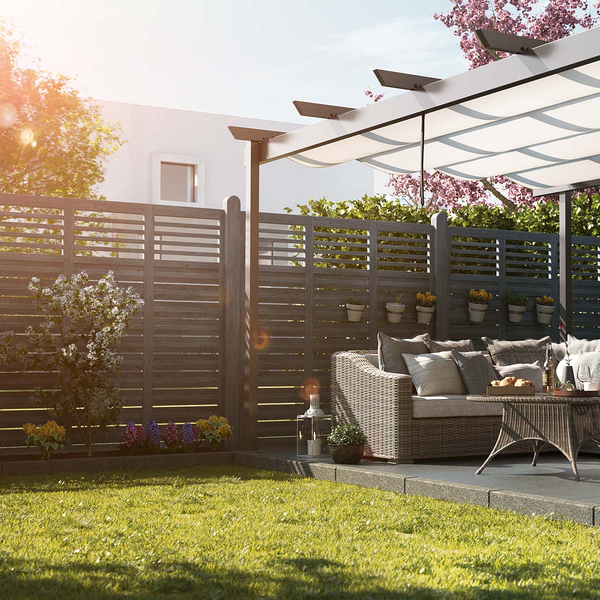 nju-agentur-cgi-03 nju CGI, Garten mit Terrasse und Sitzgarnitur, im Hintergrund ist ein Zaun zu sehen