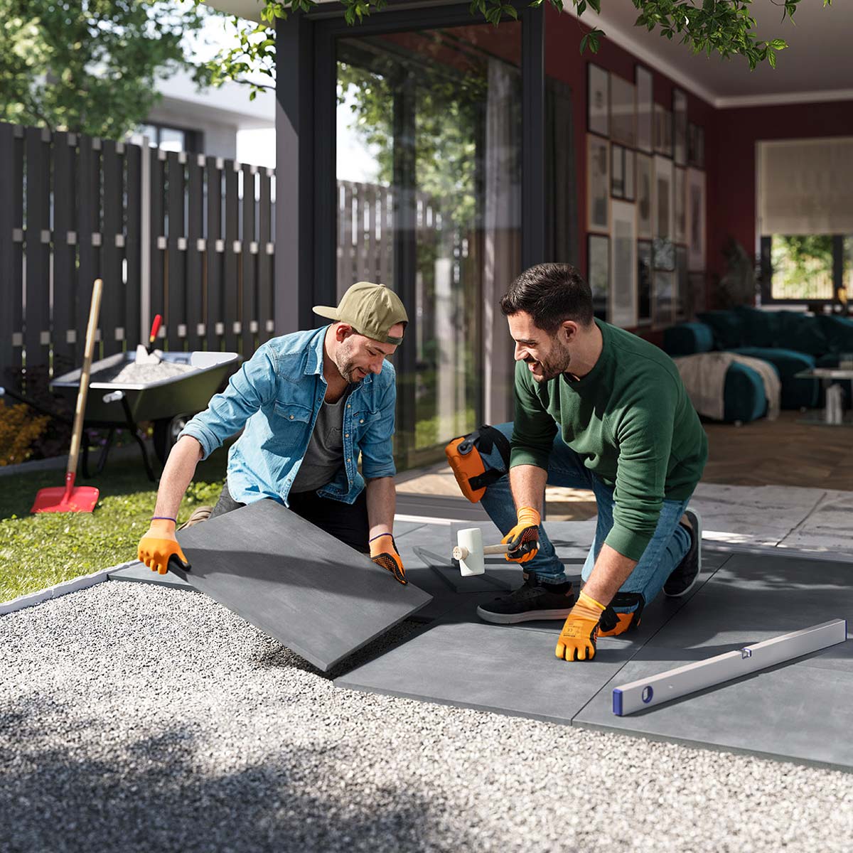 nju-agentur-cgi-04 nju CGI, zwei Mitarbeiter verlegen Bodenplatten für eine Terrasse