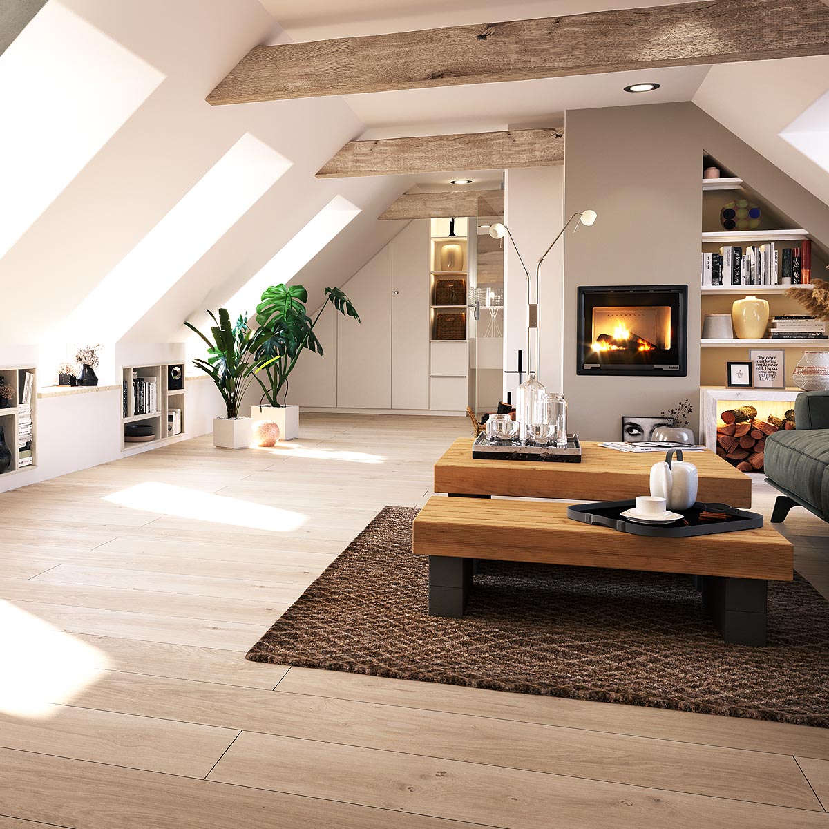 nju-agentur-cgi-05 nju CGI, gemütliches Wohnzimmer mit Kamin im Dachboden