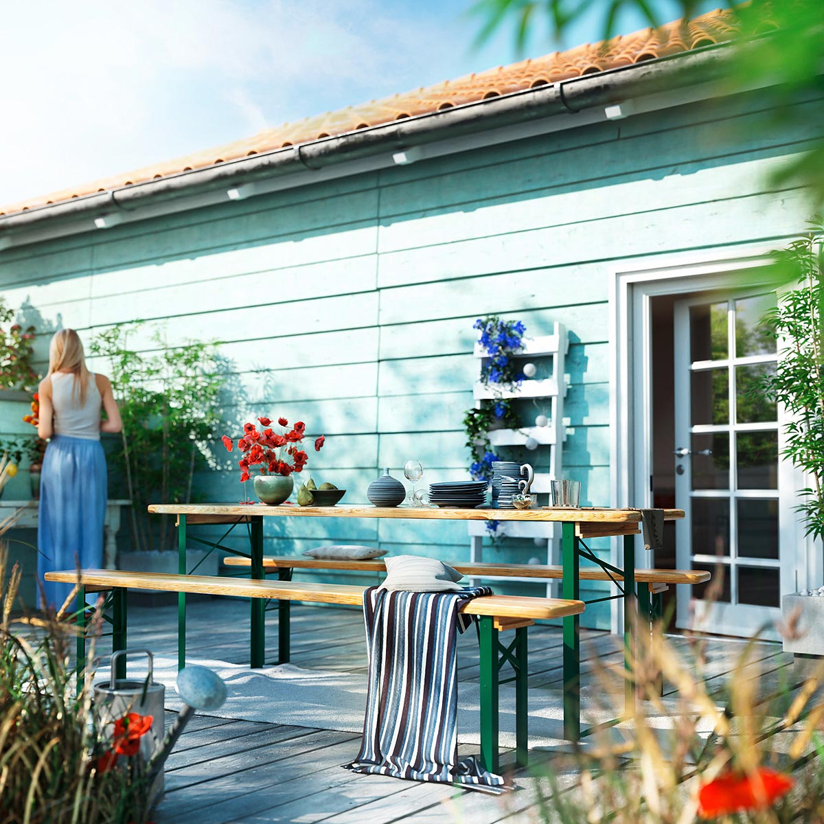 nju-agentur-cgi-13 nju CGI, auf einer Terrasse stehen Bierbänke mit gedecktem Tisch